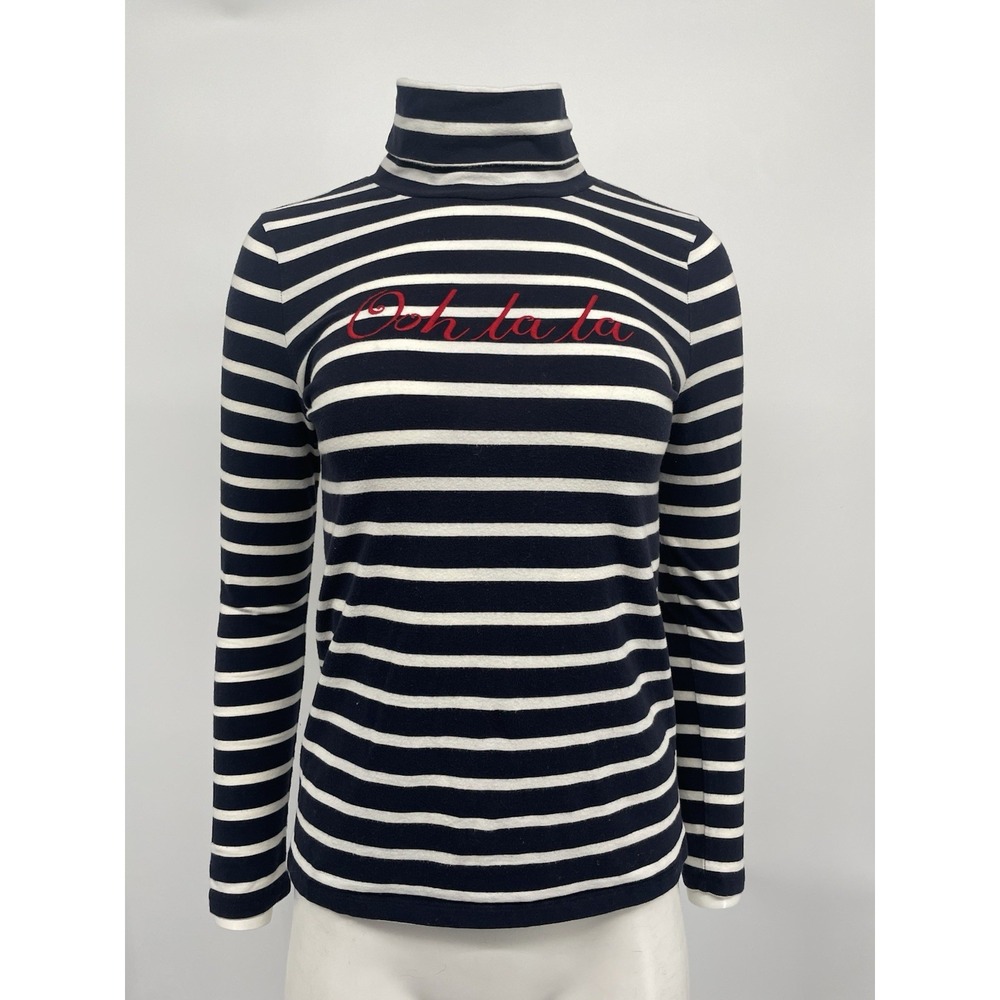 Talbots Long Sleeve Tee Stripe Ooh La La Embroidered Navy White Red Petite SP